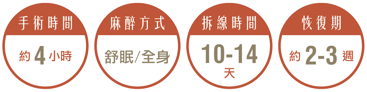 內視鏡中下臉拉皮,可改善額頭、眉間及魚尾皺紋、可上提並調整眉毛形狀、可調整額頭高度、提高雙眼皮摺痕,手術時間約4小時,恢復期約2-3週