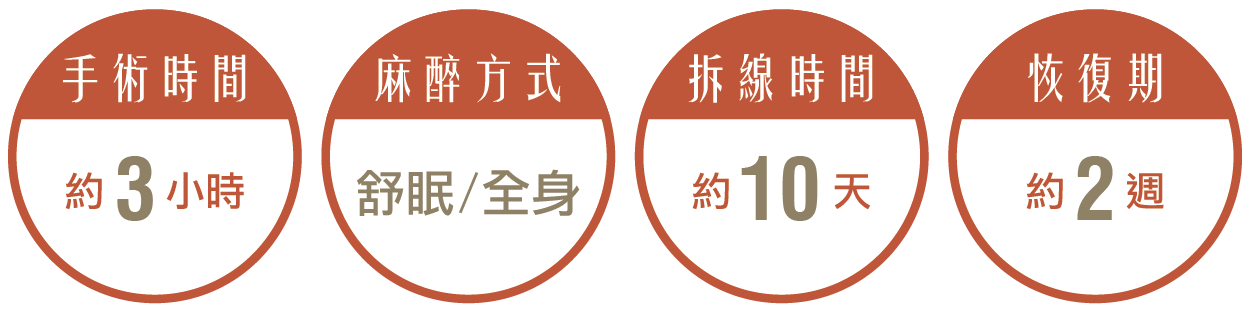 蒜頭鼻矯正手術,手術時間約3小時,麻醉方式採局部/舒眠麻醉,拆線時間約10天,恢復期約2週