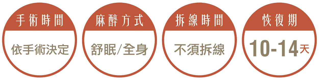 下巴後縮手術,手術時間依照手術內容而定,麻醉方式採全身/舒眠麻醉,術後不需拆線,恢復期約10-14天