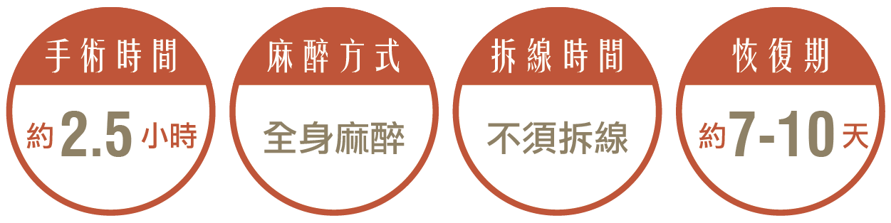 下巴前凸矯正手術,手術時間約2.5小時,麻醉方式採全身麻醉,術後不需拆線,恢復期約7-10天。