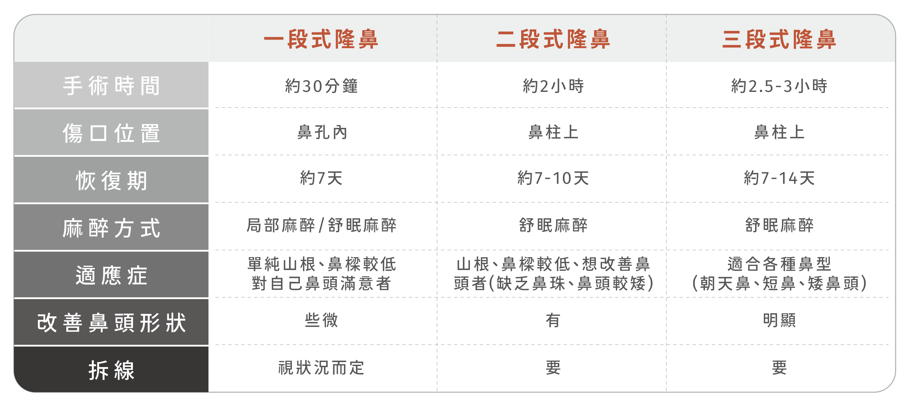 各式隆鼻比較差異圖，一段式隆鼻、二段式隆鼻、三段式隆鼻。